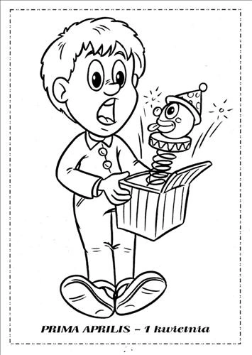Coloring page boy opens a box on April Fools Day